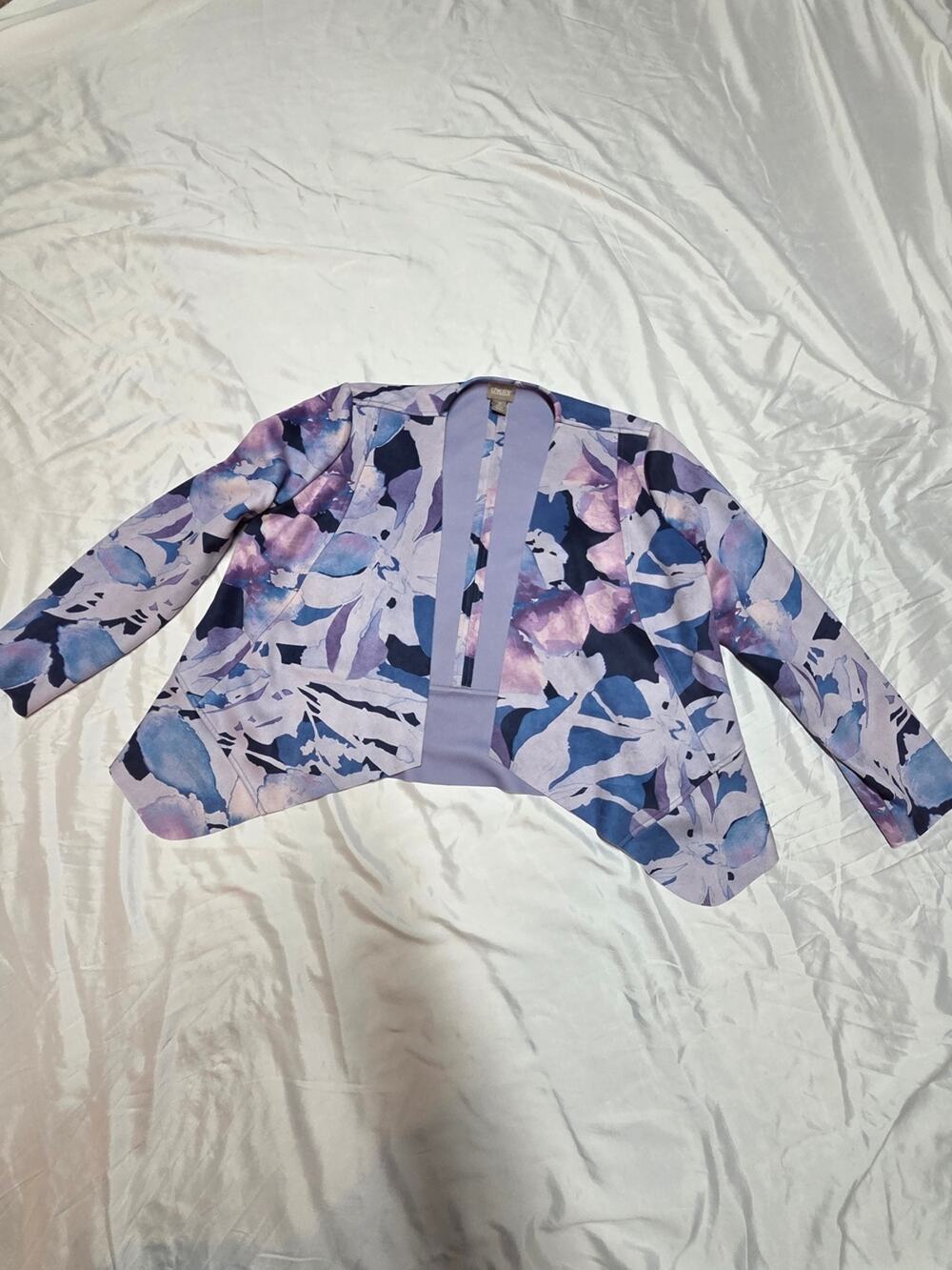 Chico's Floral Watercolor Open-Front Cropped Jacket - Lavender & Blue